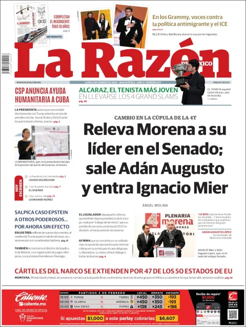 Portada de La Razon del lunes, 2 de febrero de 2026