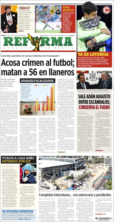 Portada de Reforma del lunes, 2 de febrero de 2026