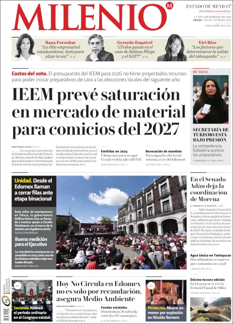 Portada de Milenio Edo de Mexico del lunes, 2 de febrero de 2026
