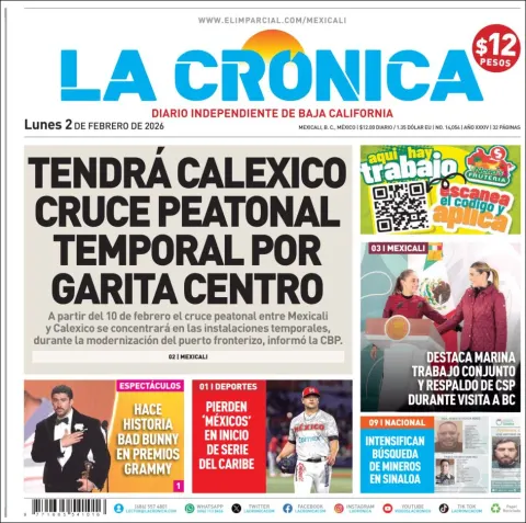 Portada de La Cronica del lunes, 2 de febrero de 2026