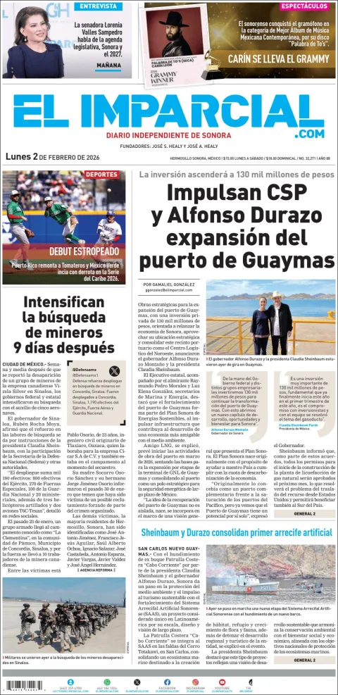 Portada de El Imparcial del lunes, 2 de febrero de 2026