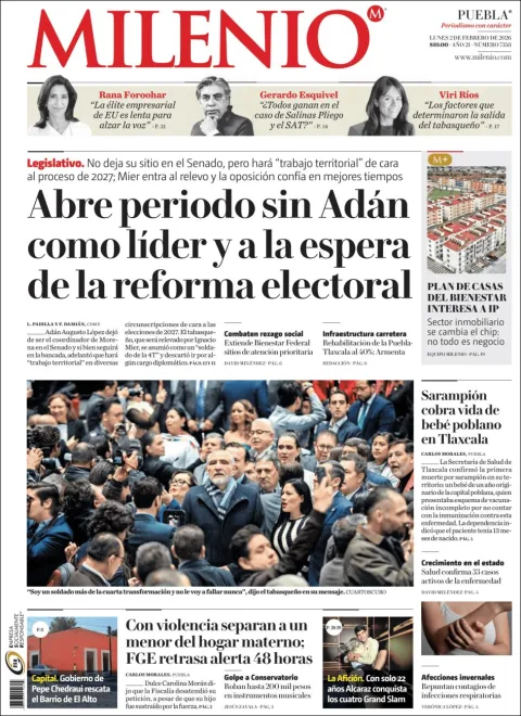 Portada de Milenio Puebla del lunes, 2 de febrero de 2026
