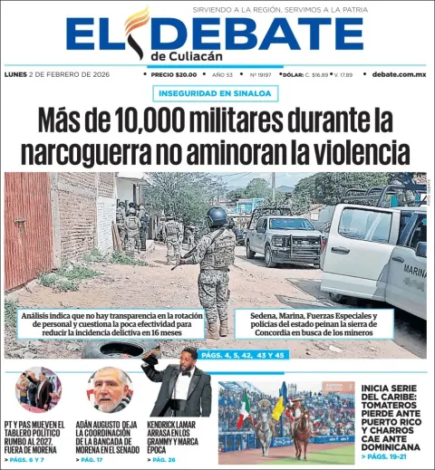 Portada de El Debate de Culiacan del lunes, 2 de febrero de 2026