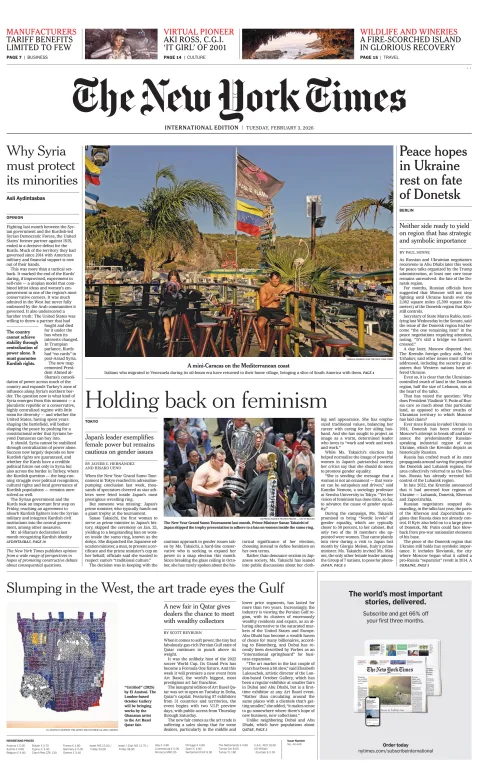 Portada de The New York Times (international) del martes, 3 de febrero de 2026