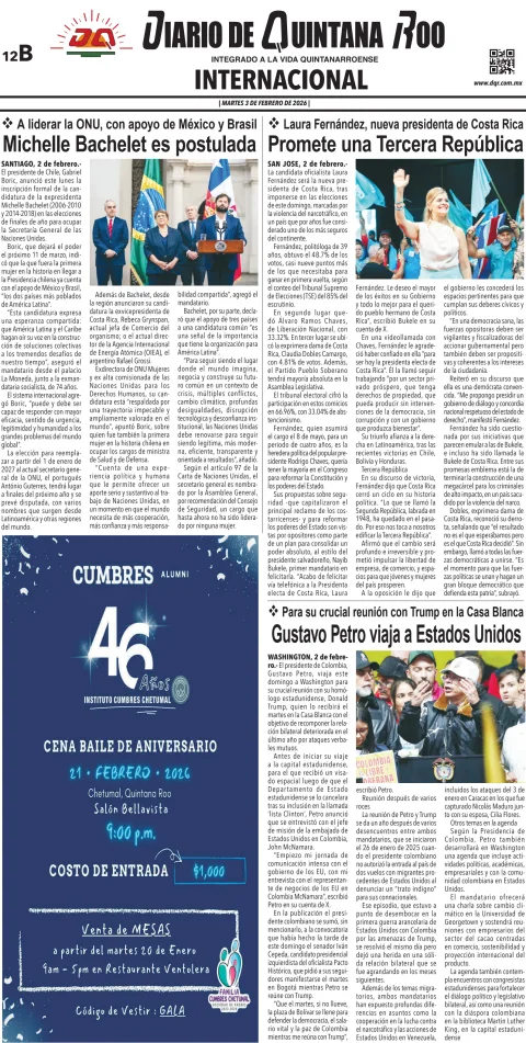 Portada de Diario de Quintana Roo (contra Portada) del martes, 3 de febrero de 2026