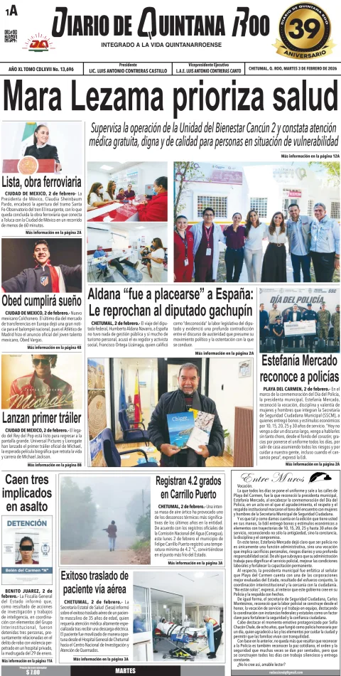 Portada de Diario de Quintana Roo (portada) del martes, 3 de febrero de 2026