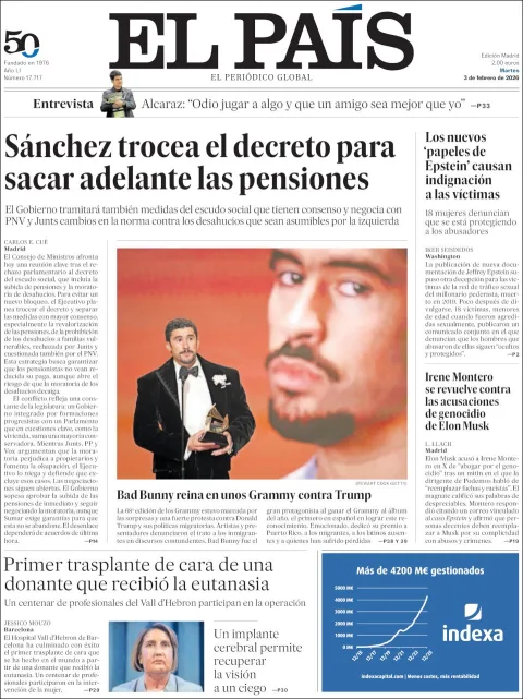Portada de El Pais del martes, 3 de febrero de 2026
