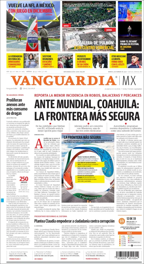 Portada de Vanguardia del martes, 3 de febrero de 2026