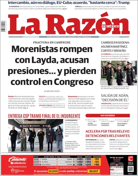 Portada de La Razon del martes, 3 de febrero de 2026