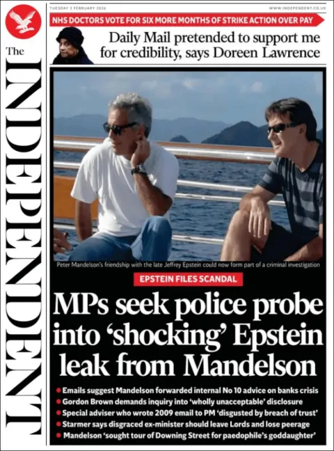 Portada de The Independent del martes, 3 de febrero de 2026