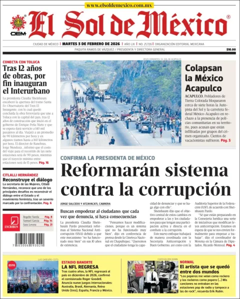 Portada de El Sol de Mexico del martes, 3 de febrero de 2026