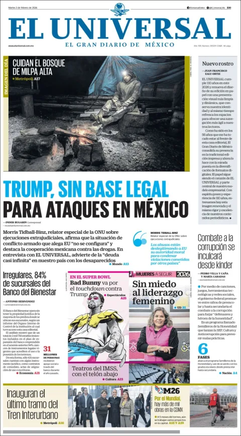 Portada de El Universal del martes, 3 de febrero de 2026