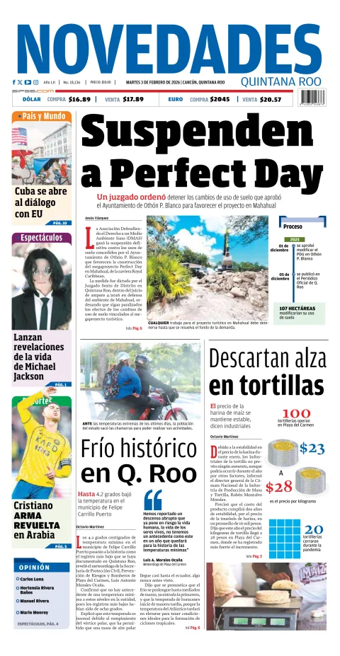 Portada de Novedades Quintana Roo del martes, 3 de febrero de 2026