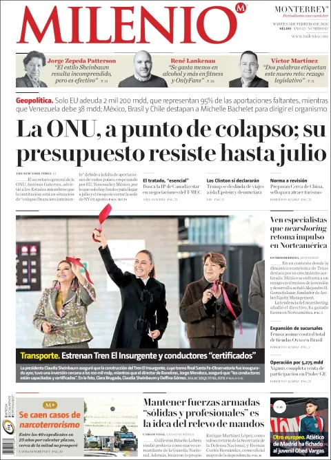 Portada de Milenio del martes, 3 de febrero de 2026