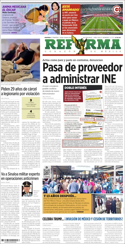 Portada de Reforma del martes, 3 de febrero de 2026