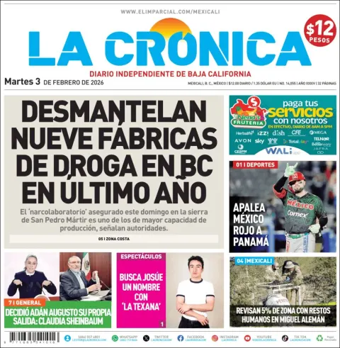 Portada de La Cronica del martes, 3 de febrero de 2026