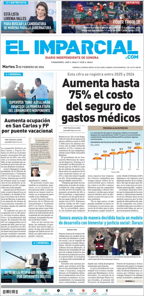 Portada de El Imparcial del martes, 3 de febrero de 2026
