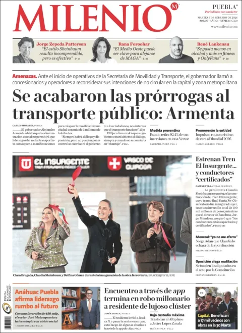 Portada de Milenio Puebla del martes, 3 de febrero de 2026