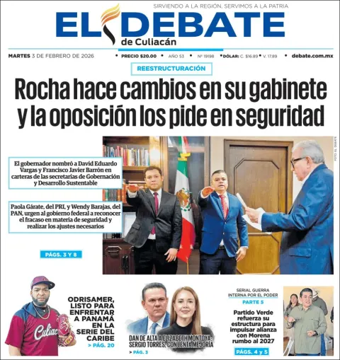 Portada de El Debate de Culiacan del martes, 3 de febrero de 2026