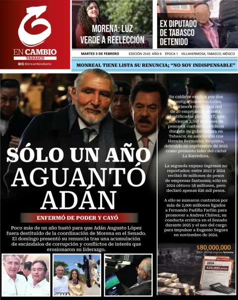 Portada de En Cambio - Tabasco (contraportada) del martes, 3 de febrero de 2026