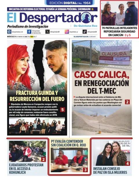 Portada de El Despertador de Quintana Roo del miércoles, 4 de febrero de 2026