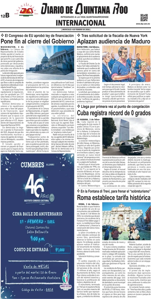 Portada de Diario de Quintana Roo (contra Portada) del miércoles, 4 de febrero de 2026