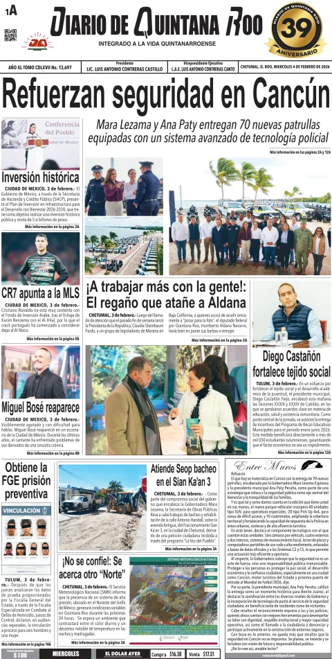 Portada de Diario de Quintana Roo (portada) del miércoles, 4 de febrero de 2026