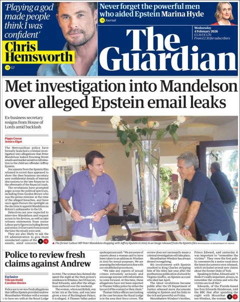 Portada de The Guardian (reino Unido) del miércoles, 4 de febrero de 2026