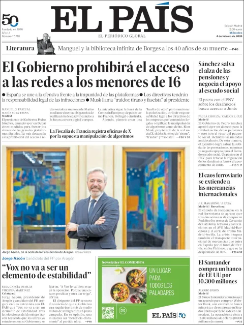 Portada de El Pais del miércoles, 4 de febrero de 2026