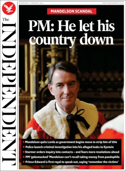 Portada de The Independent del miércoles, 4 de febrero de 2026
