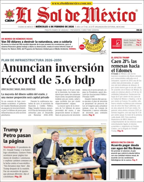 Portada de El Sol de Mexico del miércoles, 4 de febrero de 2026
