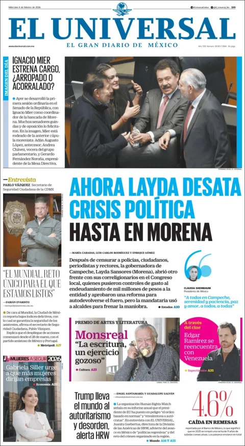 Portada de El Universal del miércoles, 4 de febrero de 2026