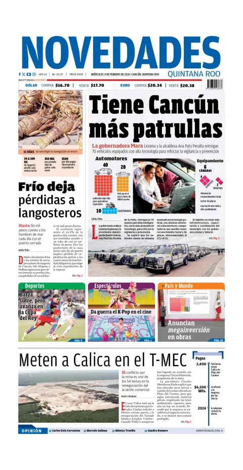 Portada de Novedades Quintana Roo del miércoles, 4 de febrero de 2026