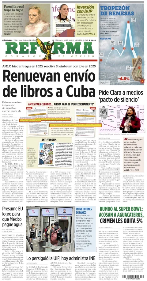 Portada de Reforma del miércoles, 4 de febrero de 2026