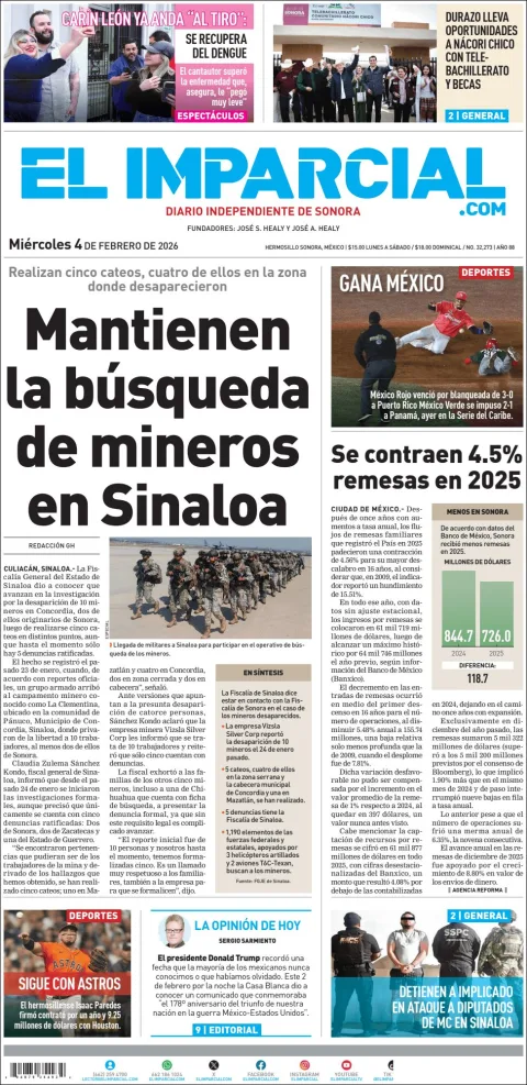 Portada de El Imparcial del miércoles, 4 de febrero de 2026