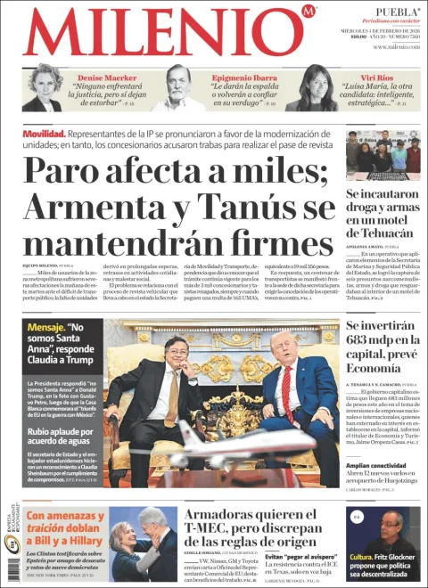 Portada de Milenio Puebla del miércoles, 4 de febrero de 2026