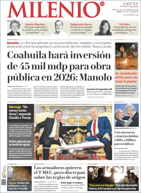 Portada de Milenio Laguna del miércoles, 4 de febrero de 2026