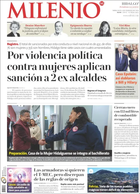Portada de Milenio Hidalgo del miércoles, 4 de febrero de 2026