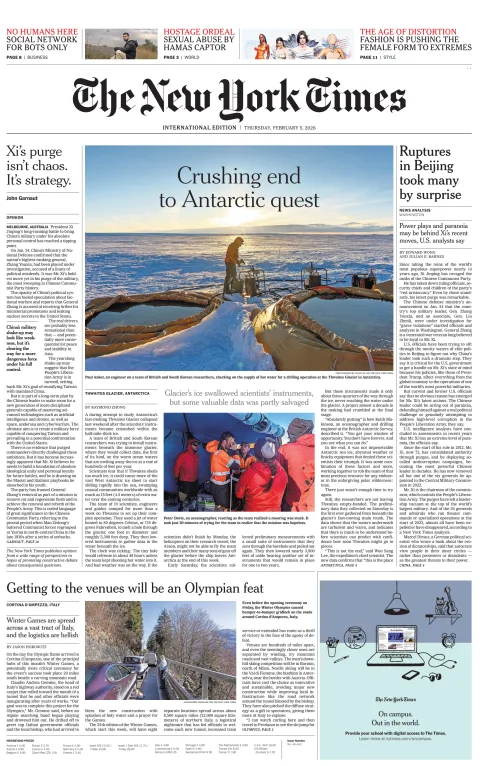Portada de The New York Times (international) del jueves, 5 de febrero de 2026