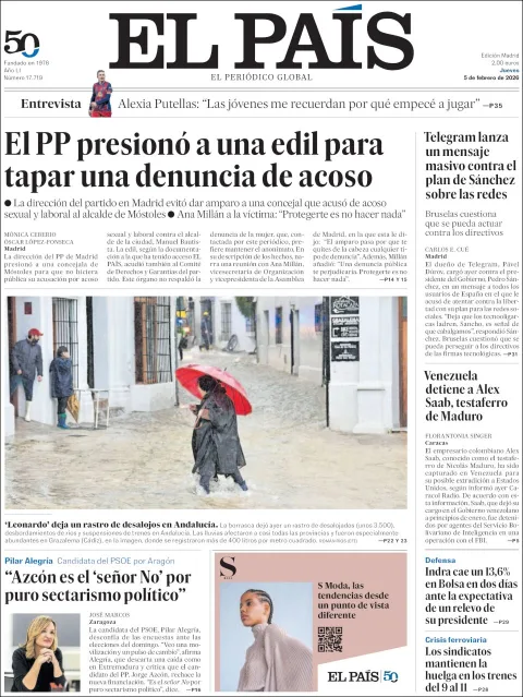 Portada de El Pais del jueves, 5 de febrero de 2026