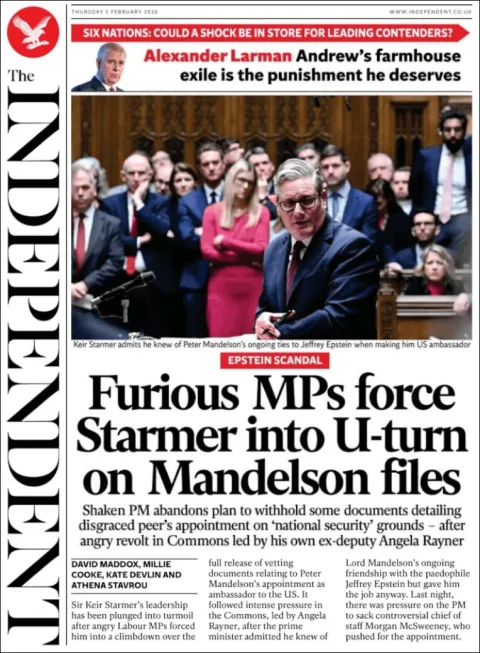 Portada de The Independent del jueves, 5 de febrero de 2026