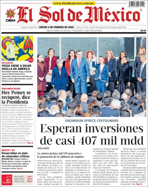 Portada de El Sol de Mexico del jueves, 5 de febrero de 2026