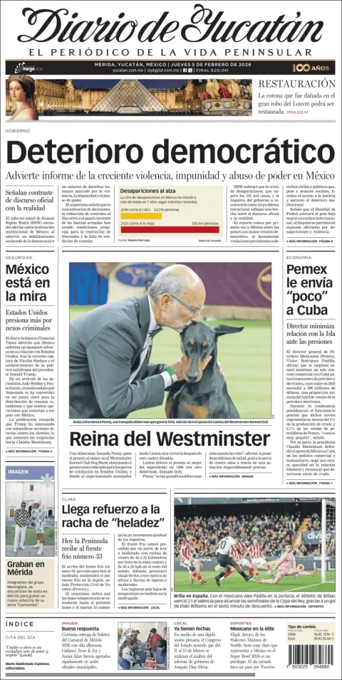 Portada de Diario de Yucatán del jueves, 5 de febrero de 2026