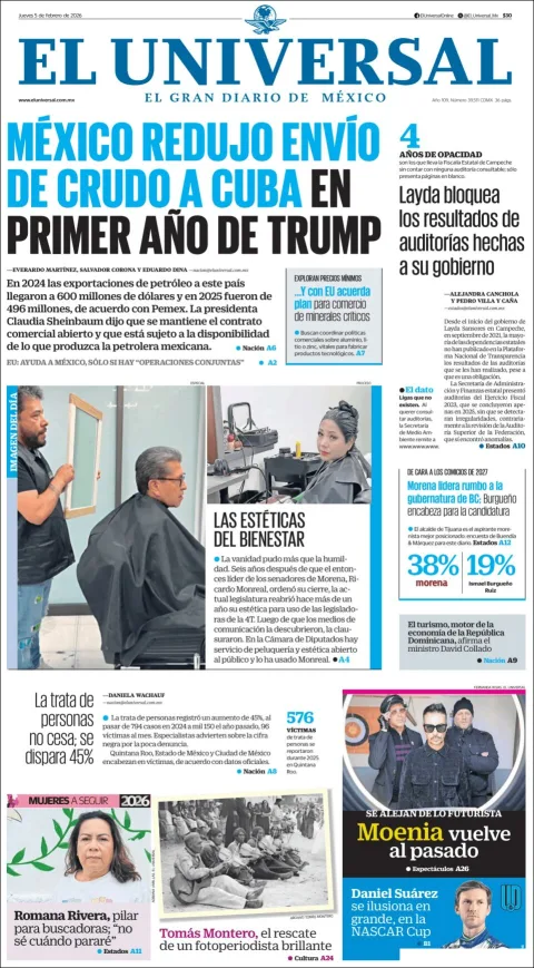 Portada de El Universal del jueves, 5 de febrero de 2026