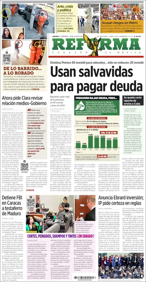Portada de Reforma del jueves, 5 de febrero de 2026