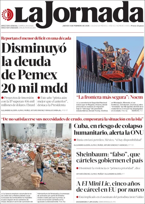 Portada de La Jornada del jueves, 5 de febrero de 2026