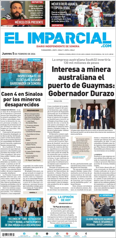 Portada de El Imparcial del jueves, 5 de febrero de 2026