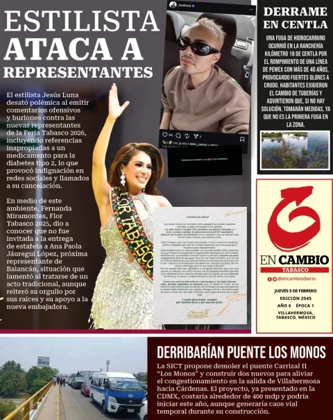Portada de En Cambio - Tabasco (portada) del jueves, 5 de febrero de 2026