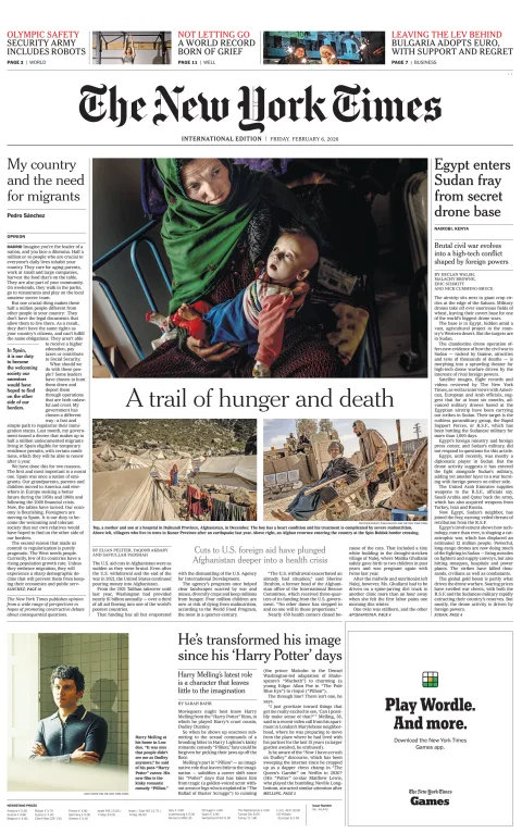 Portada de The New York Times (international) del viernes, 6 de febrero de 2026