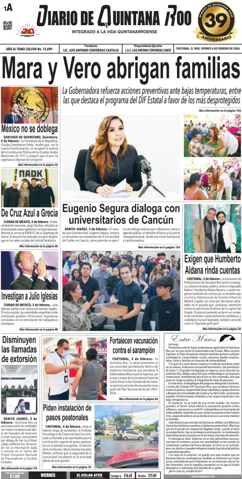Portada de Diario de Quintana Roo (portada) del viernes, 6 de febrero de 2026